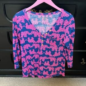 Lilly Pulitzer Palmetto V-Neck Top Elephant Trunk M Pima Cotton 3/4 Sleeve
